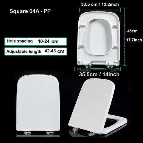 Square Modern Toilet Seat Featuring Whisper Quiet Soft Close Hinges Sturdy Polypropylene Shell provides dimensions and adjustable features.