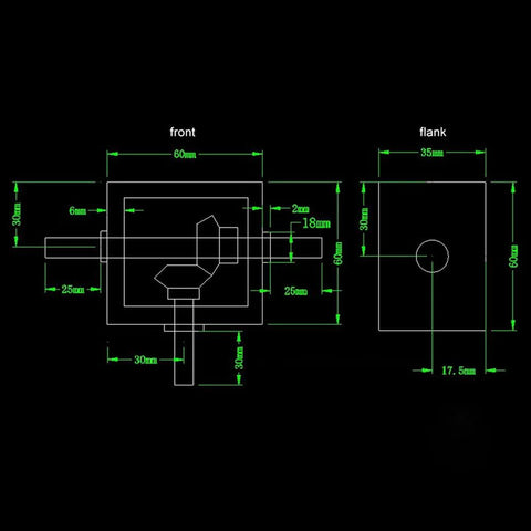 ZORZA bevel gearbox schematic: front and side views, right-angle, 60x60 housing, 10mm shaft