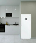 14 Cubic Foot Upright Freezer Refrigerator In Stainless Steel, Convertible Frost Free Cabinet With Swap Shelves In modern kitchen setup.