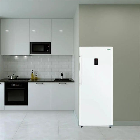 14 Cubic Foot Upright Freezer Refrigerator In Stainless Steel, Convertible Frost Free Cabinet With Swap Shelves In modern kitchen setup.