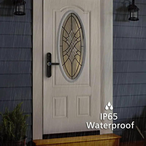 Heavy Duty Fingerprint Smart Digital Deadbolt Lock With Built In Doorbell And Slick Electronic Keypad Access Tailored For Zero Hassle Home Security On Just About Any Wood Or Security Door, installed on white entry door with rain.