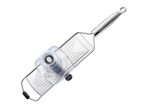 Pro Slicer With V Blade Stainless Steel 46 Cm For Quick No Fuss Clean Slices In Your Kitchen Ergonomic Handle Cuts Tomatoes And More With Ease Durable Sharp And Simple To Use, silver slicer with ergonomic handle and non-slip base