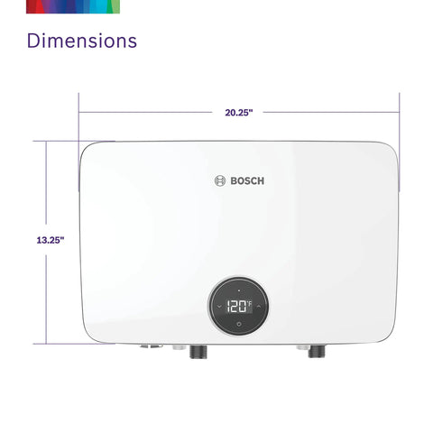 Super Compact 18 Kilowatt Electric Tankless Water Heater For Under Sink Setup With Endless Instant Hot Water, showing dimensions 20.25x13.25 inches.