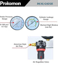 Front view of Prokomon dual-gauge cylinder leak-down tester kit with American-style air plug and air regulator valve