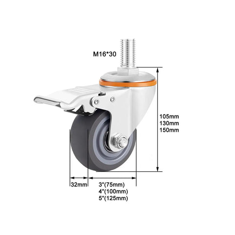 Heavy Duty Swivel Caster Wheels With Brakes Noiseless Rubber Castors M Threaded Stem 360 Degree Rotation
