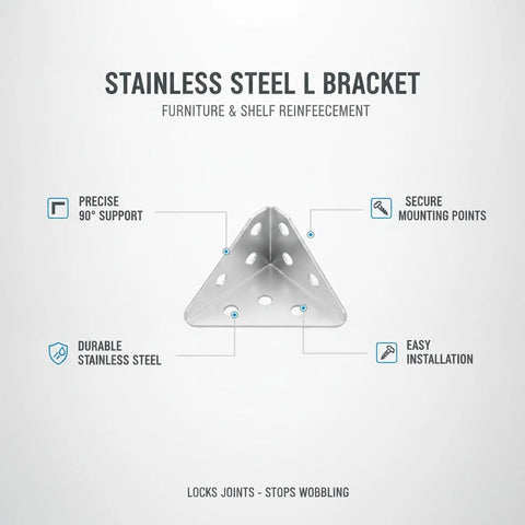 Diagram of Stainless Steel 90 Degree L Bracket for Cabinet Corners and Floating Shelves showing features and benefits.