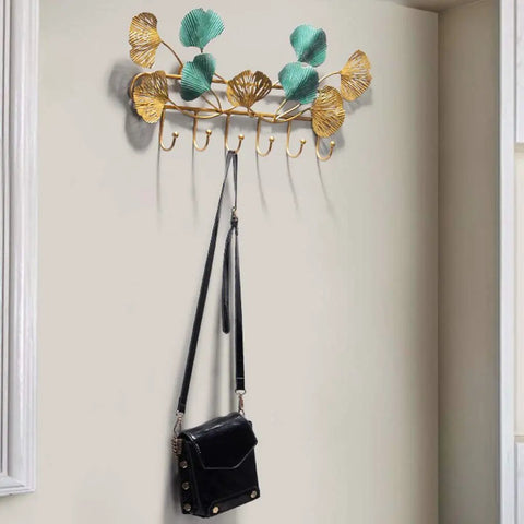 Dang Strong Wall Mounted Coat Rack For Entryway With Multi Purpose Iron Hooks Bag And Hat Hanger Key Storage Tray featuring decorative leaf design.
