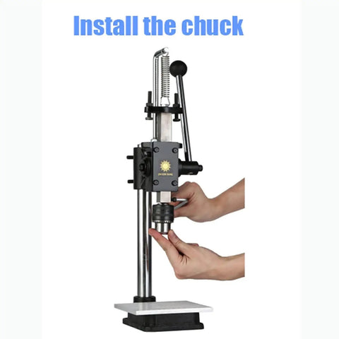 Heavy Duty Manual Arbor Press Machine With Ball Bearing Design Includes Adjustable Scale Plate Swivel Drill Chuck And Backing Plate Best For Riveting Stamping Forming Leather Plastic Wood Aluminum Projects Sweet Setup Rad Gear For Shop Use with hands installing a drill chuck.