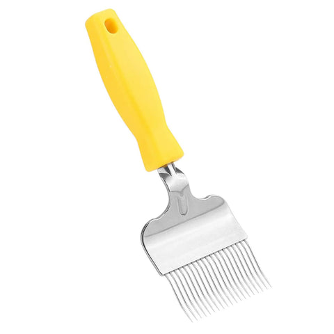 Stainless Steel Honeycomb Uncapping Fork For Beekeeping with yellow plastic handle, durable hive tool for inspection and capping removal