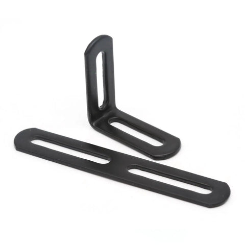 Heavy Duty Aluminum Extrusion Corner Brackets Kit with ultra-strong L shape brackets, shown in close-up view of two black metal brackets.