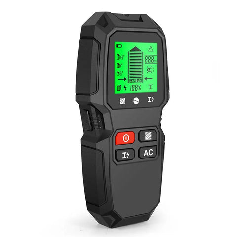 7 in 1 Smart Stud Finder Wall Scanner with LCD Display, ergonomic design, green LCD screen, black durable ABS material.