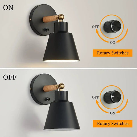 Black Wood Style Wall Sconces Set of 2 showing on and off switch for bedroom hallway living room reading lamps