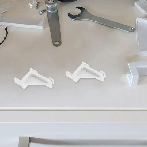 8 Pack Plastic Refrigerator Shelf Clips For Freezer And Fridge shown on workbench with tools