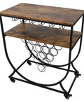 Slick Two Tier Rolling Bar Cart With Black Metal Frame And Rustic Wood Accents, featuring integrated wine rack and swivel casters.