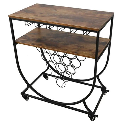 Slick Two Tier Rolling Bar Cart With Black Metal Frame And Rustic Wood Accents, featuring integrated wine rack and swivel casters.