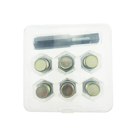 M15x1.5 Oil Drain Plug Thread Repair Tool Kit For Sump, Transmission, And Differential, shown in packaging with taps and plugs.