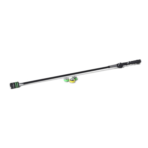 Indoor Golf Swing Trainer with Adjustable Weights for Right Handed Players, device with interchangeable weights on white background.