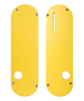 Zero Clearance Table Saw Inserts Combo Pack For 8-1/4 Inch Saws DWE7485 DCS7485 With Riving Knife Slot And Solid Blank Throat Plates MDF Replacement Accessories Pro Grade Easy Install, showing two yellow inserts, one with knife slot and one solid.