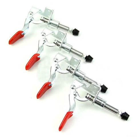 Four Pack Vertical Toggle Clamp Set With Red PVC Handle For Sheet Metal Welding And Electronic Assembly Lightweight Quick Release Hand Tools Secure Locking Plunger Great Grip For DIY Projects Silver