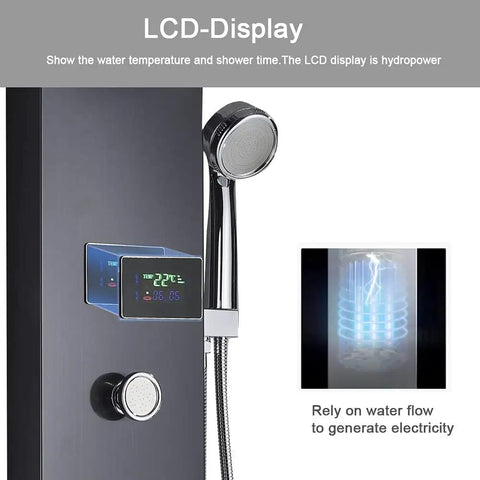 LED Rainfall Shower Panel Tower With Waterfall Handheld Tub Spout And Massage Jets Temperature Display Five Function Spa Upgrade For A Modern Bathroom Makeover With Epic Spa Vibe