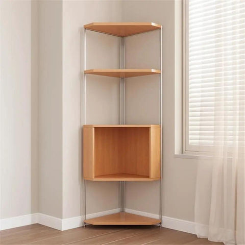 Solid Wood Corner Shelf With Multiple Tiers, triangular bookshelf with adjustable shelves in living room near window