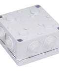 Heavy Duty Abs Plastic Junction Box Featuring IP65 Waterproof Protection And Dustproof Seals For No Sweat Electrical Projects In Crisp White Finish shown from above with ports visible.