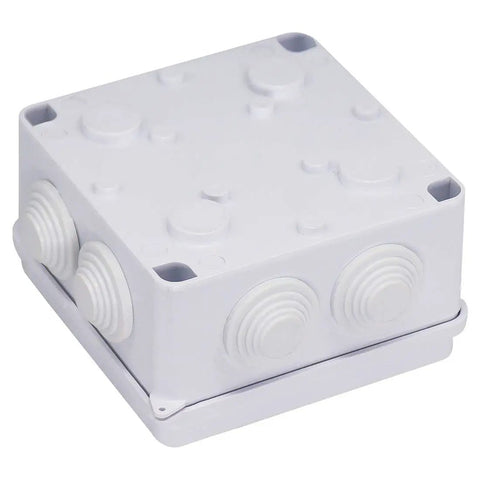 Heavy Duty Abs Plastic Junction Box Featuring IP65 Waterproof Protection And Dustproof Seals For No Sweat Electrical Projects In Crisp White Finish shown from above with ports visible.
