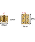 Two brass mini folding butt hinges set of 4 for drawers cabinets doors jewelry boxes wooden cases and small furniture, sizes 1" and 1.5".