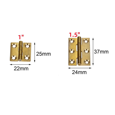 Two brass mini folding butt hinges set of 4 for drawers cabinets doors jewelry boxes wooden cases and small furniture, sizes 1" and 1.5".