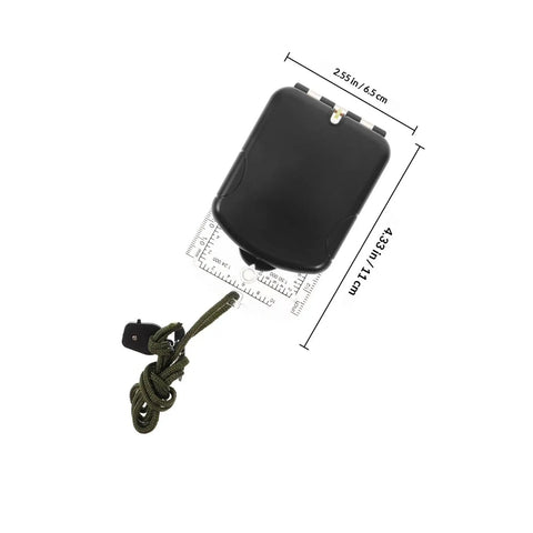 Multifunction Hiking Compass With Ruler And Mirror Luminous Navigation Tool, black ABS case, with dimensions and green lanyard visible