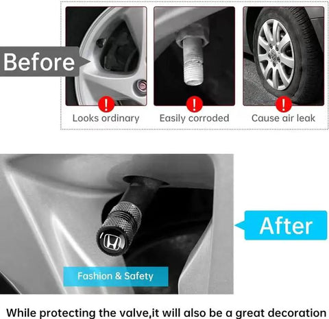 Comparison of before and after using Honda Aluminum Alloy Tire Valve Stem Caps 4 Piece Set Black For Accord Civic CR-V Pilot cars