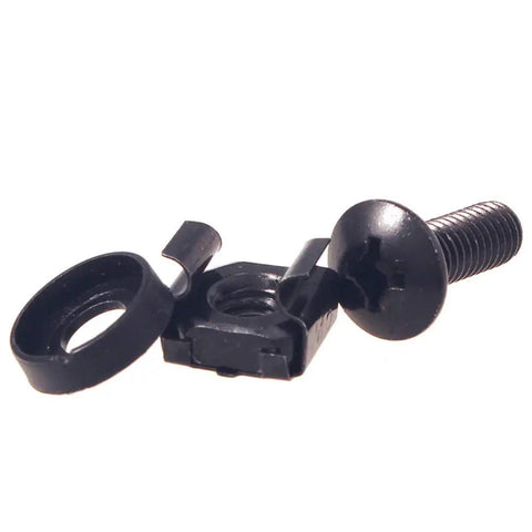 Precision Heavy Duty M6 Cage Nut Kit With Screws And Protective Washers For Server Rack Mounting showing a black screw and washer.
