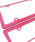 Close-up of Pink License Plate Frames Set Metal Aluminum Car Tag Covers 2 Pack Slim Front And Rear Holders For US Vehicles