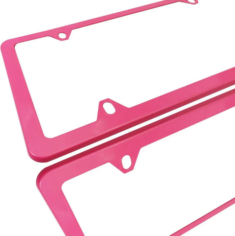 Close-up of Pink License Plate Frames Set Metal Aluminum Car Tag Covers 2 Pack Slim Front And Rear Holders For US Vehicles