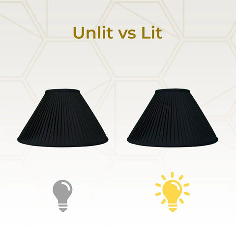 Empire Style Lamp Shade With Side Pleats In Black And Gold, 5 Inch Top Diameter, 14 Inch Bottom, 9.5 Inch Height, Silk Shantung Fabric, Unlit vs Lit comparison.