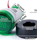 Three Piece AC Current And Voltage Indicator With Two Digit LED Display, 22mm Round Head, dimensions shown, green