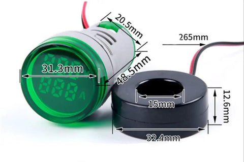 Three Piece AC Current And Voltage Indicator With Two Digit LED Display, 22mm Round Head, dimensions shown, green