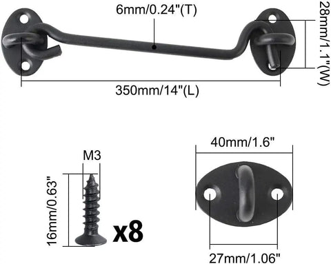 Stainless Steel Gate Hook and Eye Latch for Cabinet Door Window Shed Barn, 350mm long, durable, includes 8 screws.