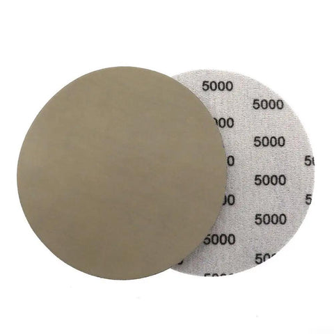 25 Pack Premium 5 Inch Hook Loop Sandpaper Discs Wet Dry Grit Levels 1000 To 5000 Silicone Carbide disc with 5000 grit side.