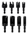Heavy Duty Wood Plug Cutter Drill Bit Set Featuring Straight And Tapered Profiles In Four Classic Sizes, black oxide coated bits.