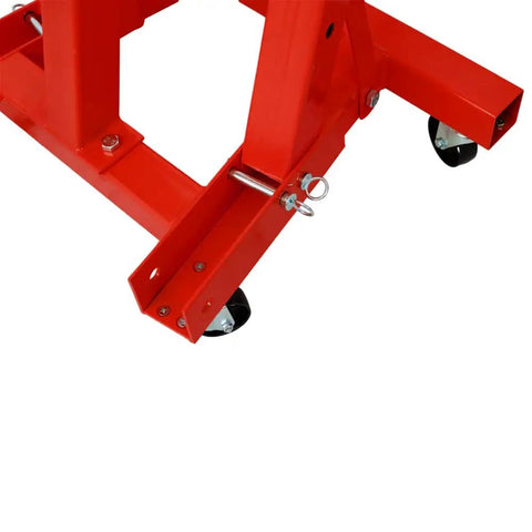 Close-up of the base and caster wheels of the Heavy Duty Garage Ready 2 Ton Folding Engine Hoist And Cherry Picker Shop Crane Built Like A Tank.