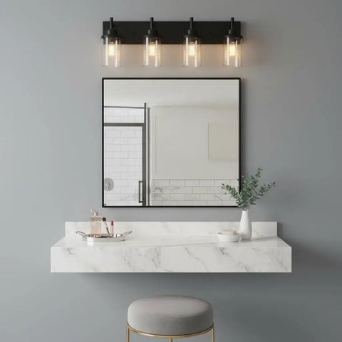 Three Light Matte Black Vanity Light Fixtures For Over Mirror In Bathroom, Sleek Modern Wall Sconces With Clear Glass Shades, Durable Metal Mount Dope Bath Lighting For Home above marble sink.