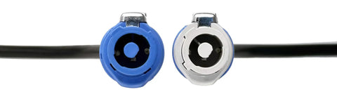 Close-up of 3 Foot Powercon Locking Power Extension Cable Male To Female 14 Awg 16 Amp with blue and silver connectors