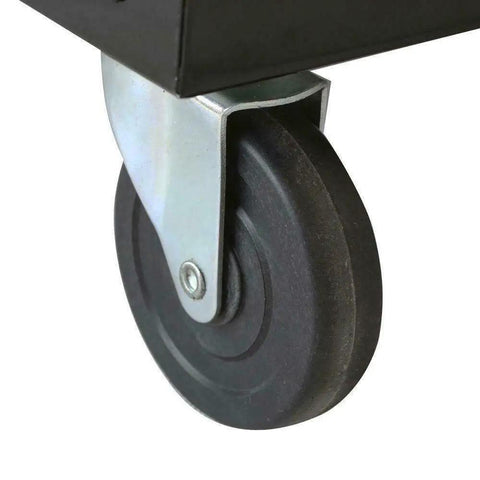 Close-up of a wheel on a Black Portable Welder Cart For Plasma Cutter MIG TIG ARC Storage And Organizer Beefed Up Steel Construction Heavy Duty Welding Tool Cart With Upper Middle And Bottom Shelves Perfect For Home Garage Or Shop.