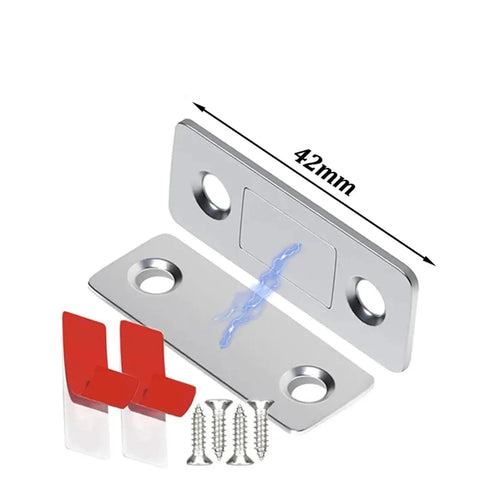 12 Pack Ultra Thin Magnetic Cabinet Catches With Invisible Adhesive shown with screws and adhesive strips, 42mm size detail