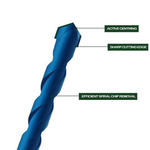Blue masonry drill bit with tungsten carbide tip and spiral flutes