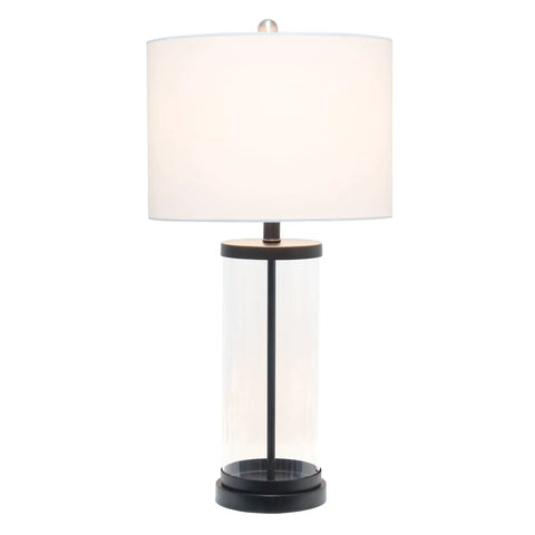 Coastal Style Table Lamp With Enclosed Clear Glass And Black Metal Base, White Fabric Drum Shade, 3 Way 100W Equivalent Bulb, Rotary Socket Switch, Modern Enclosed Design For Living Room Or Bedroom