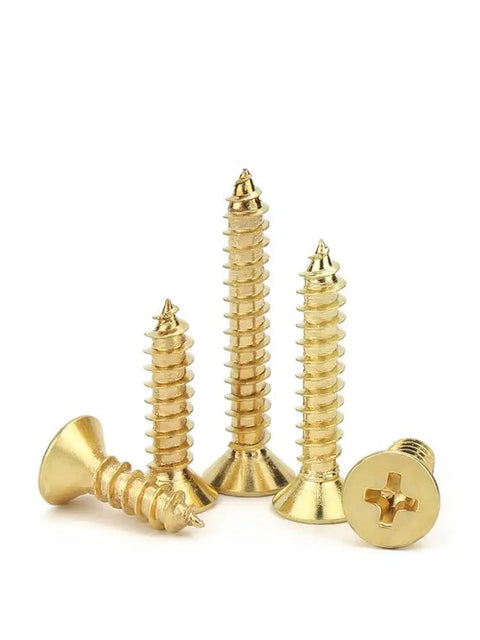 Bad Boy Solid Brass Countersunk Self Tapping Wood Screws With Phillips Cross Recessed Heads and pure copper alloy in various sizes.