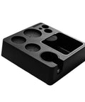 Built Tough Coffee Tamper Station And Espresso Organizer Box with multiple compartments for 51Mm 54Mm and 58Mm baskets, black plastic design.