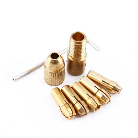 Copper collet set from Mini Hand Drill Kit With Copper Collet Set For PCB Work resting on a white background with metal components